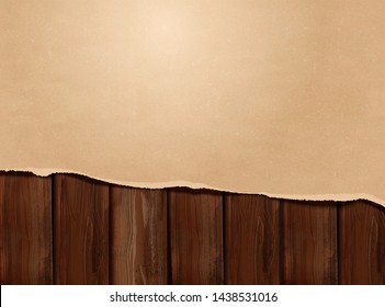 Torn Kraft Paper On Wooden Table Background In 3d Illustration