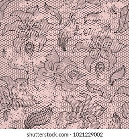 Torn lace floral seamless pattern in black and pink colors. Ragged guipure background with grunge effect. Vector