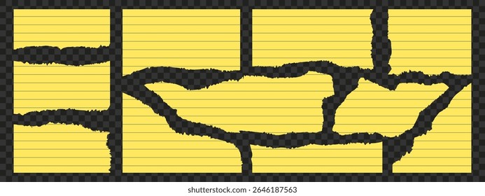 Peças de papel amarelo rasgadas em um fundo quadriculado organizado em um padrão fragmentado com textura visível