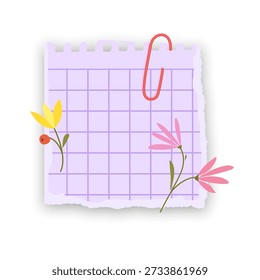 Torn light notebook paper with a paperclip. The note is decorated with hand-drawn minimalist flowers Clean and simple stationery design with soft shadows on a white background, perfect for spring announcements, aesthetic planners, romantic messages, and creative blog graphics