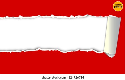 Torn Light Red Paper With White Copyspace For Your Message. Paper Roll