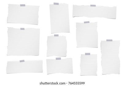 Torn lined, note, notebook, copybook paper sheets for text or message stuck with sticky tape on white background.
