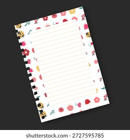 Reißfeste Notizbuch-Papierseite mit einem lebhaften Frühlingsfloralrand. Die Papier-Kreativ-Papiervorlage für Aufgabenlisten, Notizen, Frühjahrsgrüße und Saisonplaner