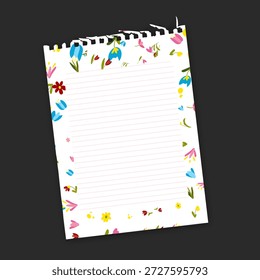 Página de papel de caderno forrada rasgada com uma vibrante mola floral borda. O modelo de papel de carta criativo para listas de tarefas pendentes, anotações, saudações de primavera e planejadores sazonais
