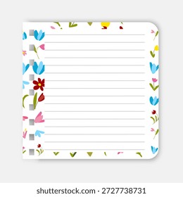 Página de papel de cuaderno forrado rasgado con un borde floral de primavera vibrante. El pedazo de papel Plantilla de papelería creativa para listas de tareas pendientes, notas, saludos de primavera y planificadores de temporada
