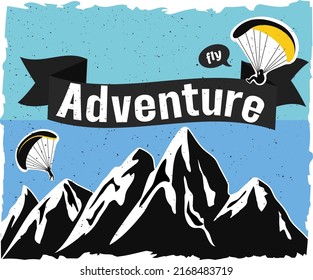 Torn logo with mountains background. Parachutists are jumping. Emblem of extreme sports. Rocks. Vector stock illustration. Blue background