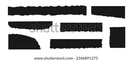 Torn long pieces of paper set. Black paper strips with jagged and even edges. Ripped fragment collection. Textured grunge element bundle for collage, text box, banner, sticker. Vector Stock foto © 