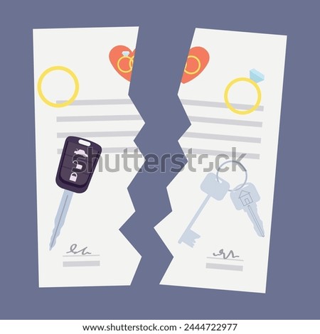 Torn marriage certificate, keys and wedding rings on lilac backg