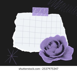 Torn memo checkered page, halftone dritty purple rose cutout. Taped blank note, retro collage.