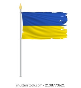 Torn national flag ofUkraine. The main symbol Ukrainian people. Wind torn flag on metallic flagpole isolated on white background. Realistic vector illustration.