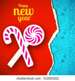 Torn New Year paper template with candies on red stripe background and icons pattern vector illustration