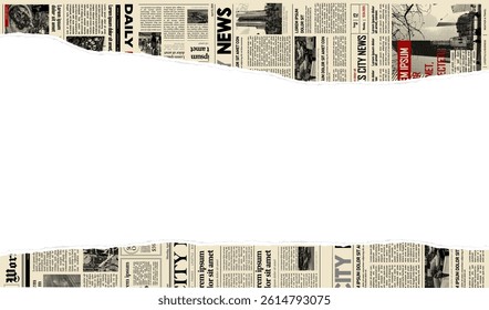 Torn newspaper border banner. Jagged edges. Collage halftone elements. Frame and place fo text. Concept from paper scraps on white background. Trendy design template. Vector illustration.
