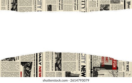 Torn newspaper border banner. Jagged edges. Collage halftone elements. Frame and place fo text. Concept from paper scraps on white background. Trendy design template. Vector illustration.