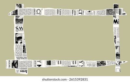 Torn newspaper border banner. Jagged edges. Collage halftone elements. Frame and place fo text. Concept from paper scraps on white background. Trendy design template. Vector illustration.