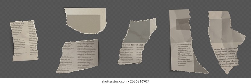 Torn newspaper fragments, ripped paper scraps with text. Crumpled news clipping pieces, shredded old page remnants. Damaged sheets from book or journal. Grunge collage or scrapbooking design element.