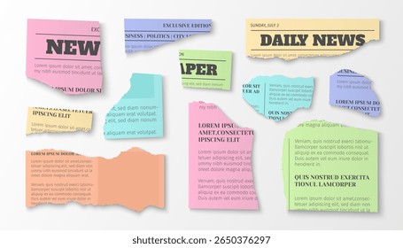 Recortes de jornais e revistas rasgados em cores pastel - restos de papel com manchetes e texto do artigo. Colorido rasgado mídia colagem elementos com bordas rasgadas para scrapbooking ou design jornalístico.