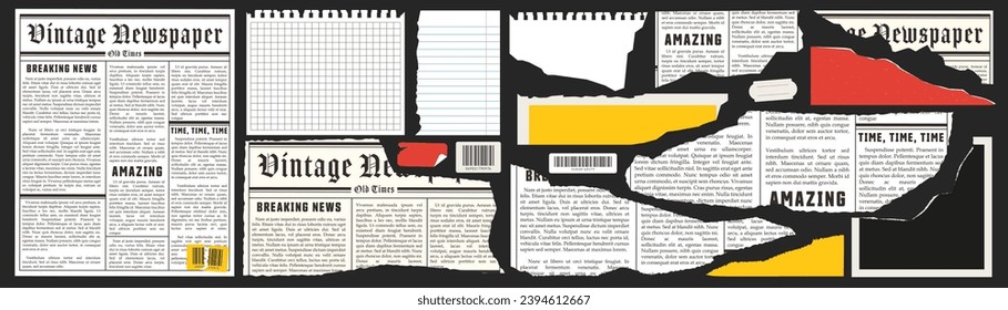 Torn newspaper and paper. Notebook sheets, barcode, stickers. Trendy retro style elements for collages. Vector.