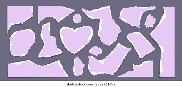 Torn newspaper paper piece cut for collage vector set. Rip circle and oblong purple note frame with shred white edge isolated template design collection. Grunge variety patchwork shapes for banner