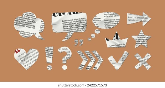 Torn newspaper. Symbols set from newspaper. Ripped newspaper sheet, scrapbook edge or blank banner split illustration. Realistic ornament or decoration clip art for social media. Vector illustration