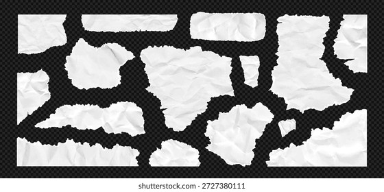 Kit de textura de jornal rasgado apresenta borda de página branca rasgada, efeito de rugas amassadas. O feixe vetorial inclui o efeito de papel cortado para colagem ou memorando. Kit de textura de papel rasgado em como png transparente bg