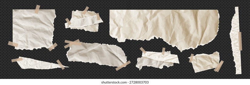 Torn newspaper vector bundle features tan yellow beige texture. Kit of cut pieces, note scraps, tear strip shapes overlay teture for collage. Blank sheet piece bundle on like transparent png bg