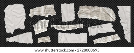 Torn newspaper vector bundle features white, texture. Kit of cut pieces, note scraps, tear strip shapes overlay teture for collage. Blank sheet piece bundle on like transparent png bg