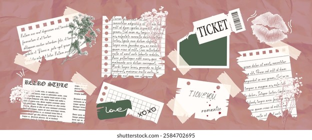 Torn newspapers and paper with elements of flowers with the effect halftone. Notebooks with text, stickers. Retro-style vector collage.