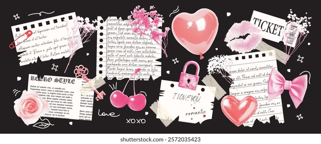 Torn newspapers, sheets of paper, elements of romantic retro design for scrapbooking. Vector vintage herbaria, heart, rose, bow for notes in the halfton style.