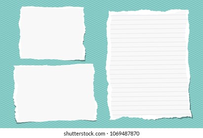 Torn note, notebook paper pieces for text stuck on turquoise square background. Vector illustration.