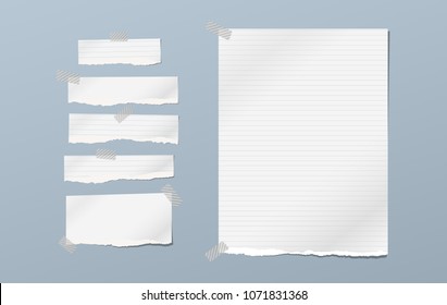 Torn note, notebook paper pieces for text stuck on blue background. Vector illustration.