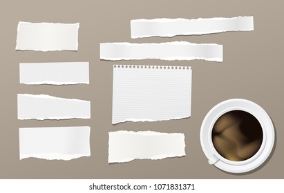 Torn note, notebook paper pieces for text stuck on brown background with cup of coffee. Vector illustration.