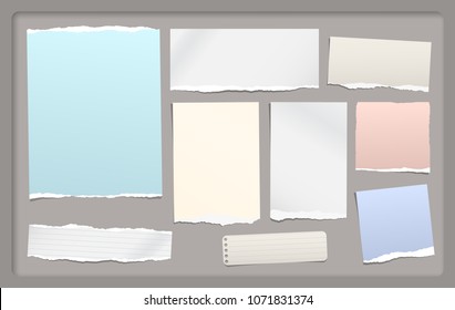 Torn note, notebook paper pieces for text stuck on dark gray background with frame Vector illustration.