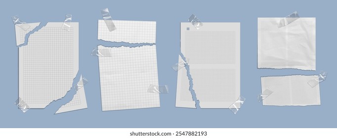 Torn note paper. Rip school notebook page vector. White grid sheet piece with tape sticker. Crumpled and ripped realistic poster with checkered notepad frame element. Blank planner pad template