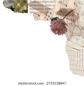 Torn notebook and magazine paper corner with flower