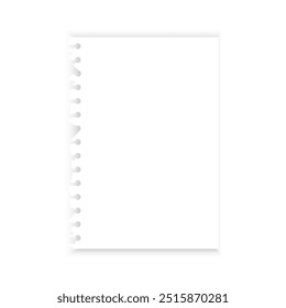 Torn notebook page. Spiral binding edge. Blank white paper. Vector illustration.