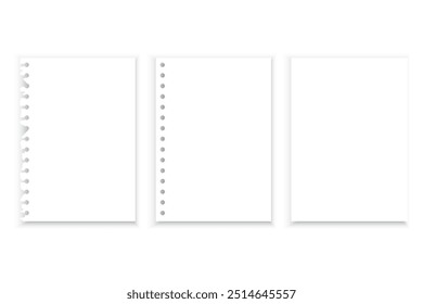 Torn notebook pages. Perforated paper sheets. Blank white background. Vector illustration.