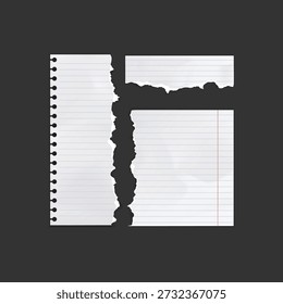 Piezas de papel del cuaderno rasgadas en el fondo gris, textura de papel forrada rasgada