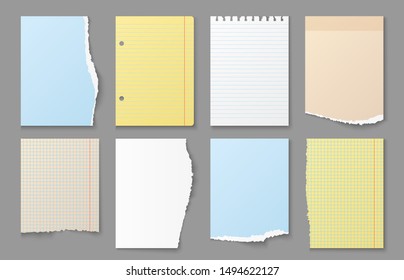 Torn notebook paper. Ripped edges of note sheets, colored blank paper messages and reminder stickers vector different papel strips list shape set