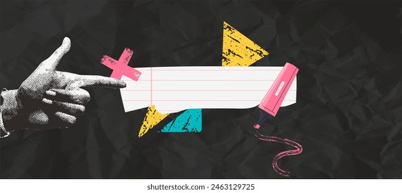 Torn notebook paper scrap background with collage halftone hand pointing gesture and abstract grungy shapes. Wrinkled paper effect. Promotional and advertising background.