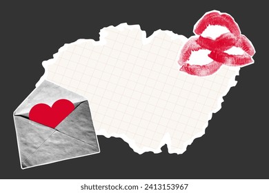 Lámina de papel para portátiles desgastada, elementos de intercalación de tonos cortados del papel sobre un fondo oscuro. Plantilla para banner, sobre con corazón e impresión de besos. Amor, Día de San Valentín.