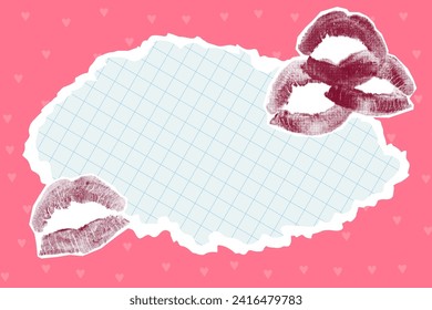 Torn notebook paper sheet, halftone collage elements cut out of paper on a pink background in the shape of a heart. Template for banner, prints of kisses. Love, Valentine's day.