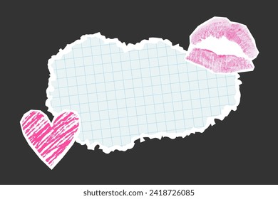 Torn notebook paper sheet, halftone collage elements cut from paper on a dark background. Template for banner, kiss print, heart. Love, Valentine's day.