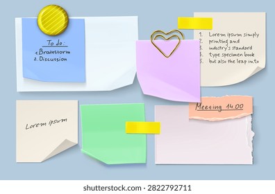 Torn notebook paper sheets with ripped edges and color stickers. Vector realistic set of school notes attached to board with pin, paperclip and sticky tape, creative pieces collage design elements