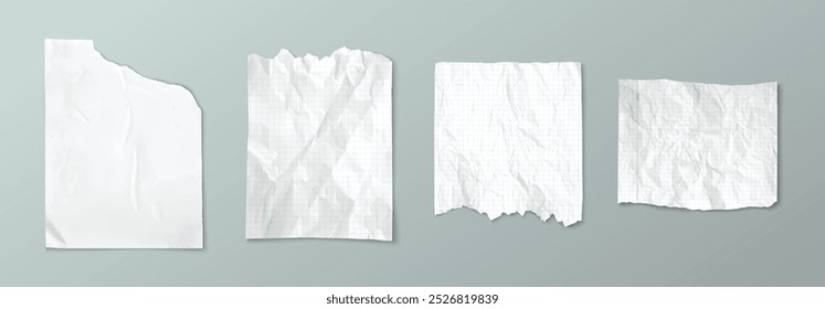 Torn notebook paper with wrinkles. Crumpled white sheet with checkered pattern. Realistic 3d vector illustration set of wrinkled blank scrapbook and collage design material. Memo note mockup.