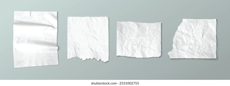 Papel de cuaderno roto con arrugas. Sábana blanca arrugada con estampado a cuadros. Realista conjunto de Ilustración vectorial 3D de arrugado libro de recuerdos en blanco y material de diseño de collage. Maqueta de nota de memorándum.