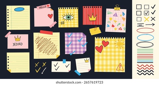 Papeles de cuaderno rasgados con colección de garabatos dibujados en crayón