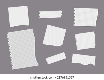 Papel portátil despedazado en papel variado, alineado, cuadrado y en blanco, ilustración vectorial realista. Conjunto de hojas de bloc de notas arrancadas aisladas en fondo gris.