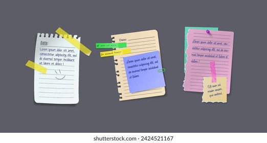 Torn notepad pages with text on bulletin board realistic vector illustration set. Memory notes with messages 3d models on grey background. Office lifestyle