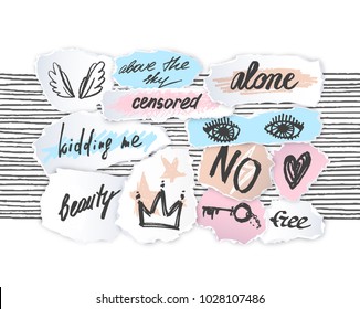 Torn off paper edges collage pieces' sketches set. Vector empty fashion design elements with hand drawn words, lettering, drawings