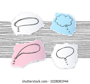 Torn off paper edges speech bubble pieces' sketches set. Vector empty design doodle elements for collage. 